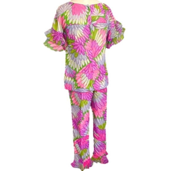 Vintage 60s Pink Purple Floral Hippie Short Sleeve Ruffled Pant Suit - XS/24" - Picture 11 of 16